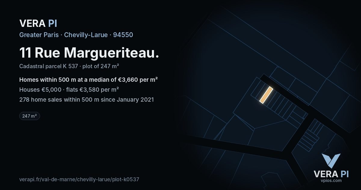 11 Rue Margueriteau, Chevilly-Larue at night – the plot lit, the parcels around coloured by the prices near them