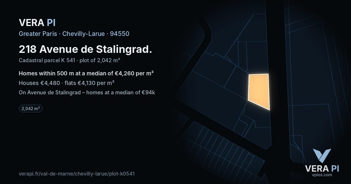 218 Avenue de Stalingrad, Chevilly-Larue at night – the plot lit, the parcels around coloured by the prices near them