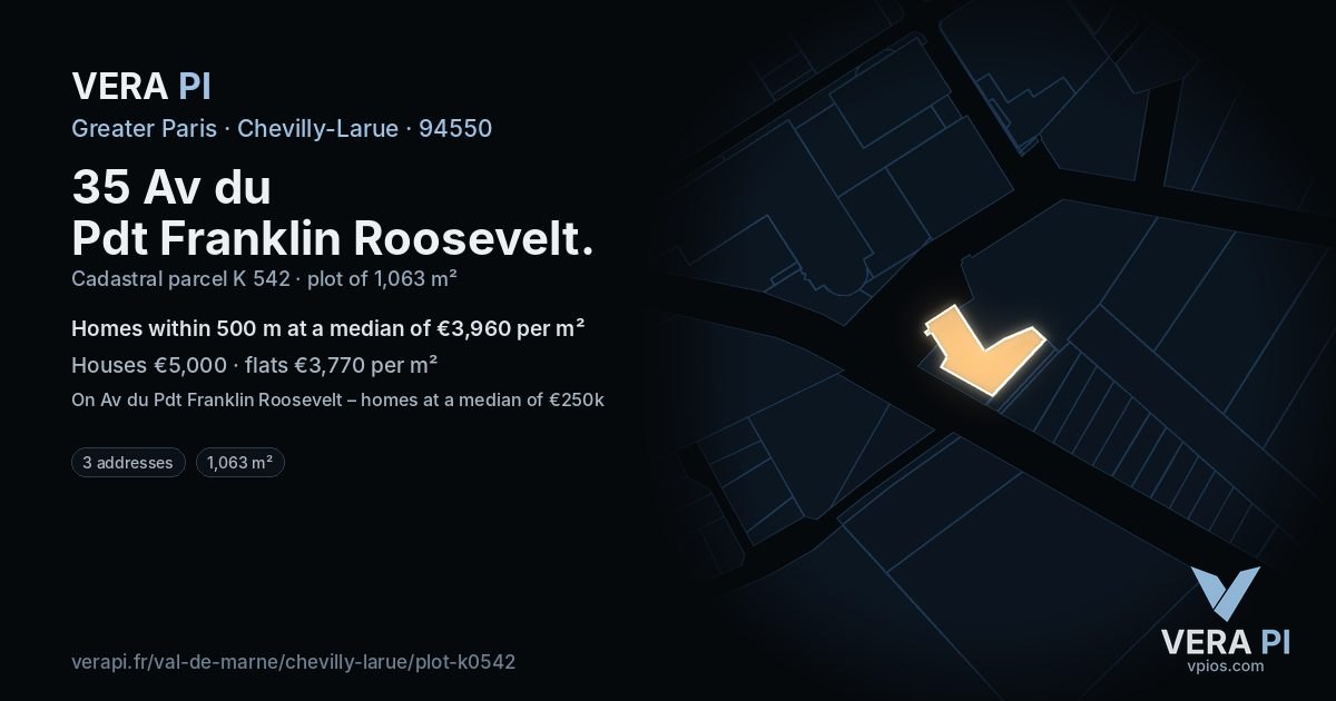 35 Av du Pdt Franklin Roosevelt, Chevilly-Larue at night – the plot lit, the parcels around coloured by the prices near them