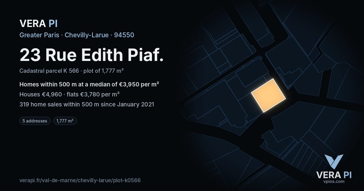 23 Rue Edith Piaf, Chevilly-Larue at night – the plot lit, the parcels around coloured by the prices near them