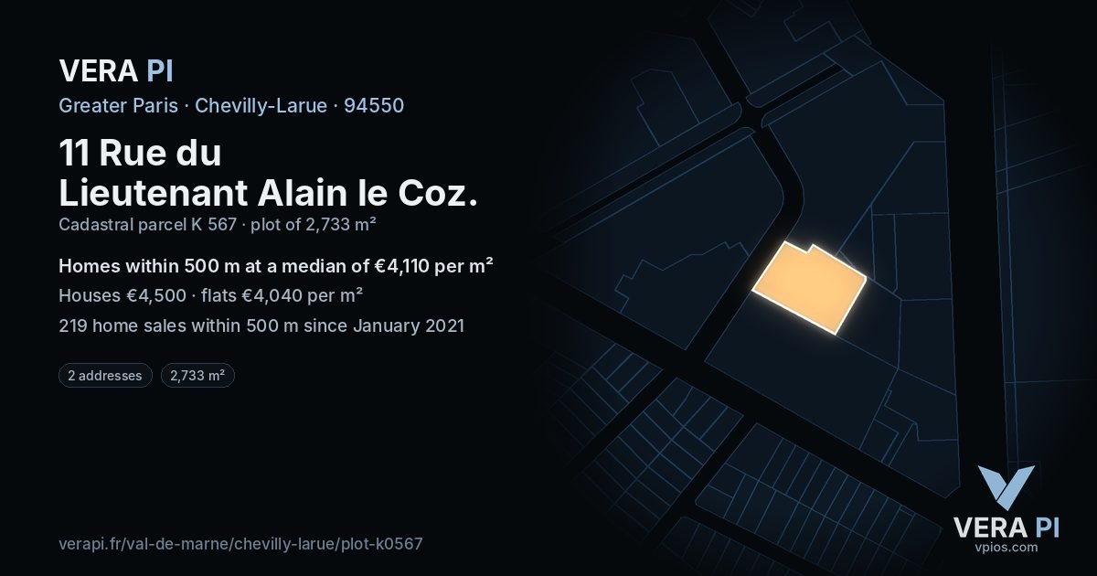11 Rue du Lieutenant Alain le Coz, Chevilly-Larue at night – the plot lit, the parcels around coloured by the prices near them