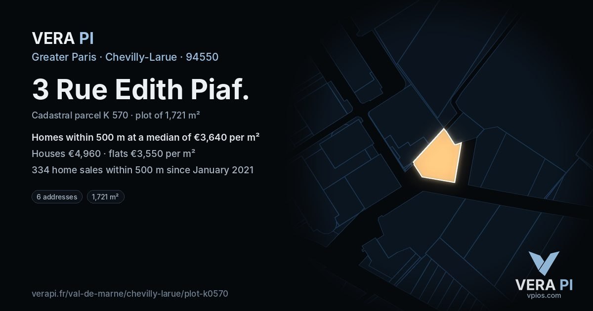 3 Rue Edith Piaf, Chevilly-Larue at night – the plot lit, the parcels around coloured by the prices near them