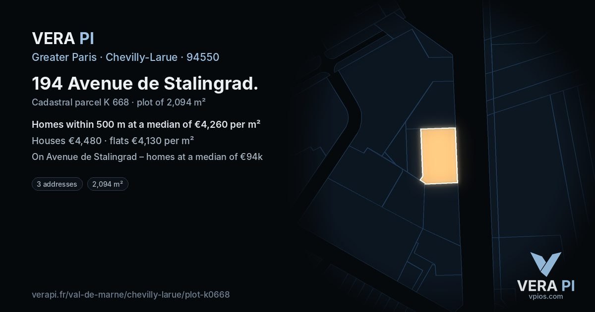 194 Avenue de Stalingrad, Chevilly-Larue at night – the plot lit, the parcels around coloured by the prices near them