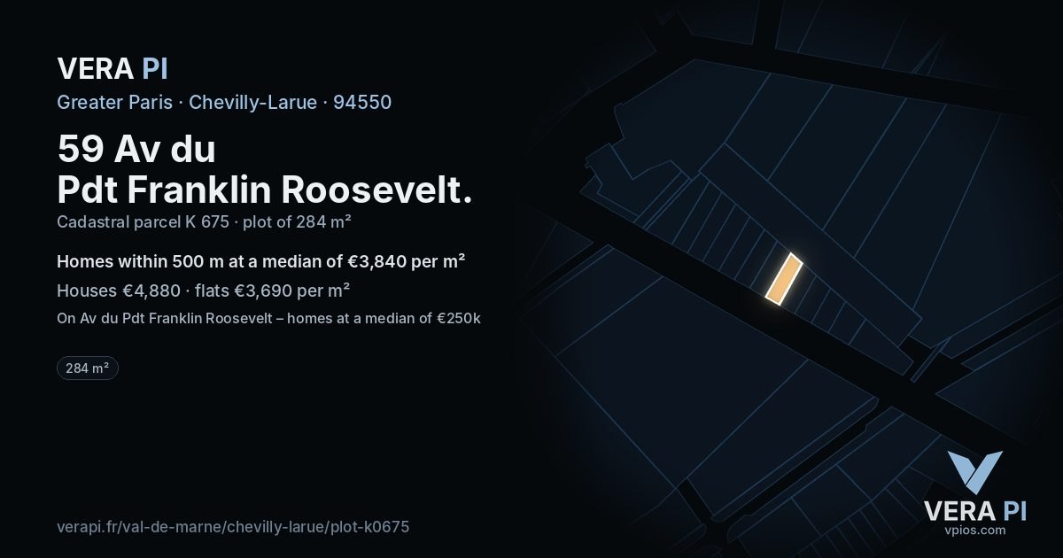 59 Av du Pdt Franklin Roosevelt, Chevilly-Larue at night – the plot lit, the parcels around coloured by the prices near them