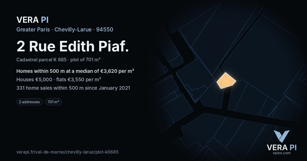 2 Rue Edith Piaf, Chevilly-Larue at night – the plot lit, the parcels around coloured by the prices near them