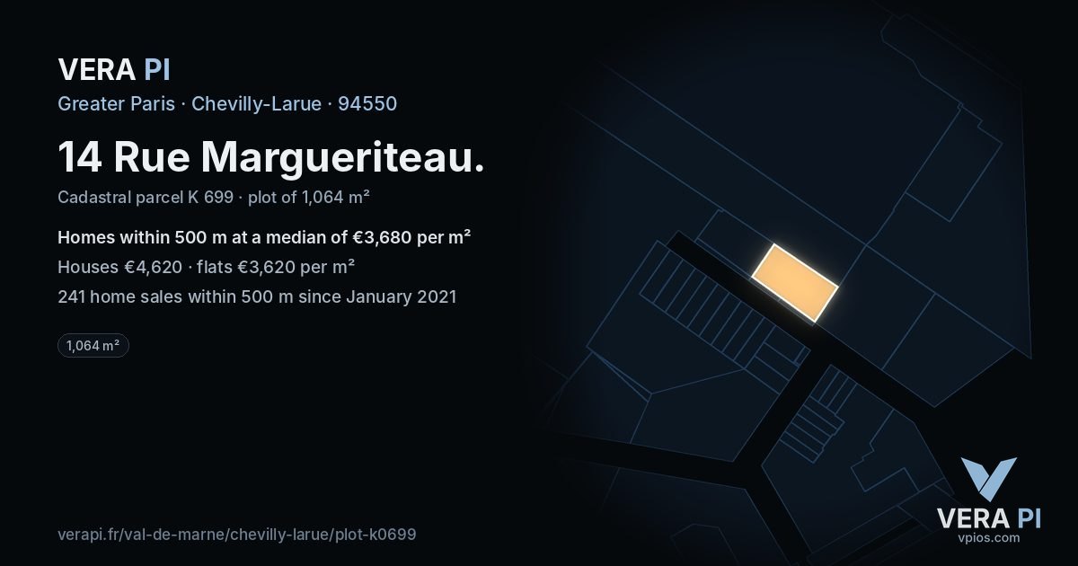 14 Rue Margueriteau, Chevilly-Larue at night – the plot lit, the parcels around coloured by the prices near them