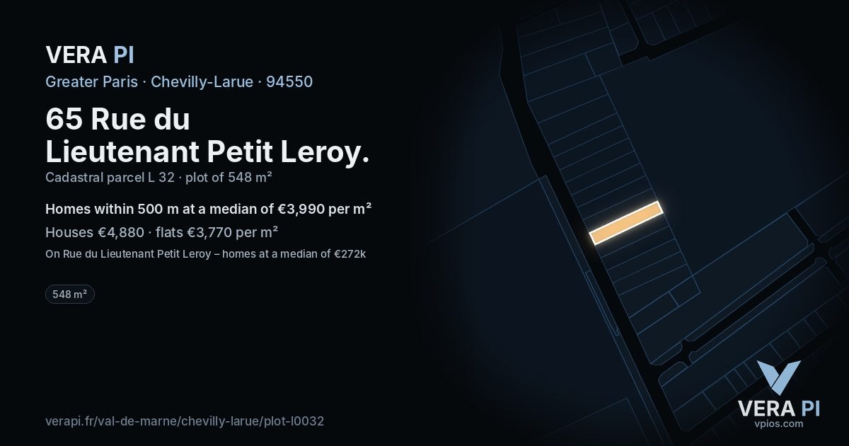 65 Rue du Lieutenant Petit Leroy, Chevilly-Larue at night – the plot lit, the parcels around coloured by the prices near them
