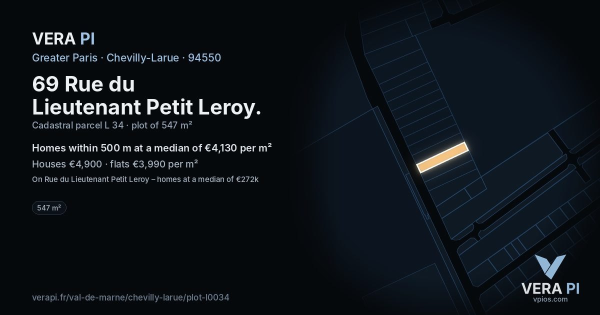 69 Rue du Lieutenant Petit Leroy, Chevilly-Larue at night – the plot lit, the parcels around coloured by the prices near them