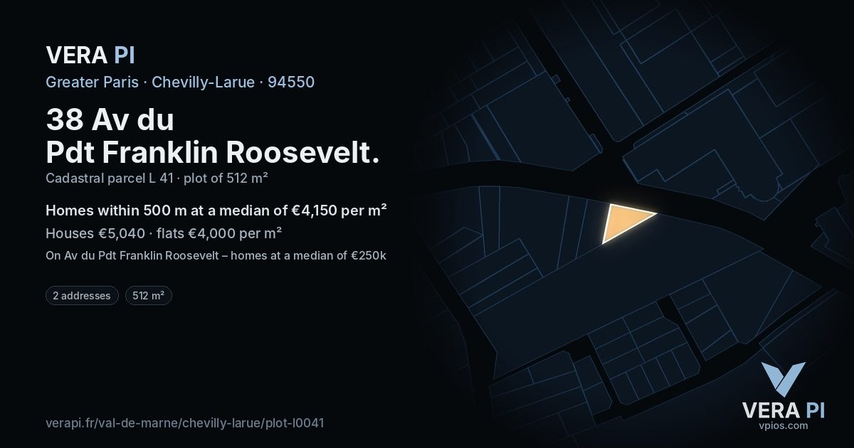 38 Av du Pdt Franklin Roosevelt, Chevilly-Larue at night – the plot lit, the parcels around coloured by the prices near them