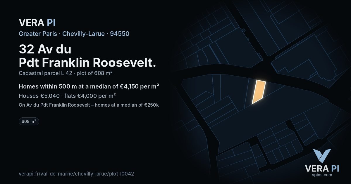 32 Av du Pdt Franklin Roosevelt, Chevilly-Larue at night – the plot lit, the parcels around coloured by the prices near them