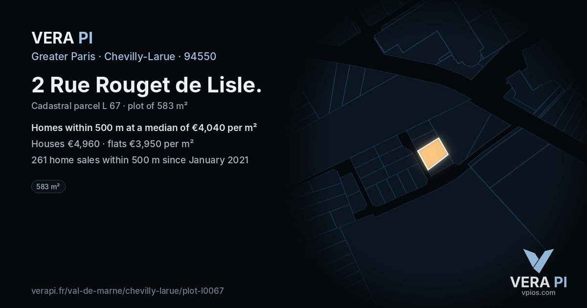 2 Rue Rouget de Lisle, Chevilly-Larue at night – the plot lit, the parcels around coloured by the prices near them
