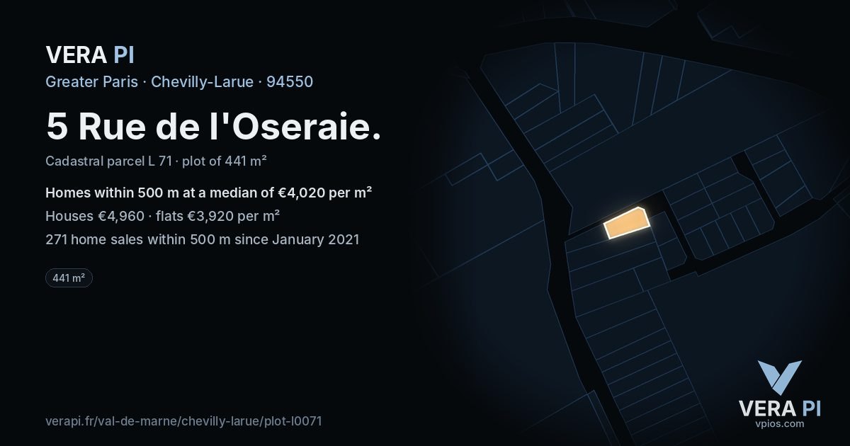 5 Rue de l'Oseraie, Chevilly-Larue at night – the plot lit, the parcels around coloured by the prices near them