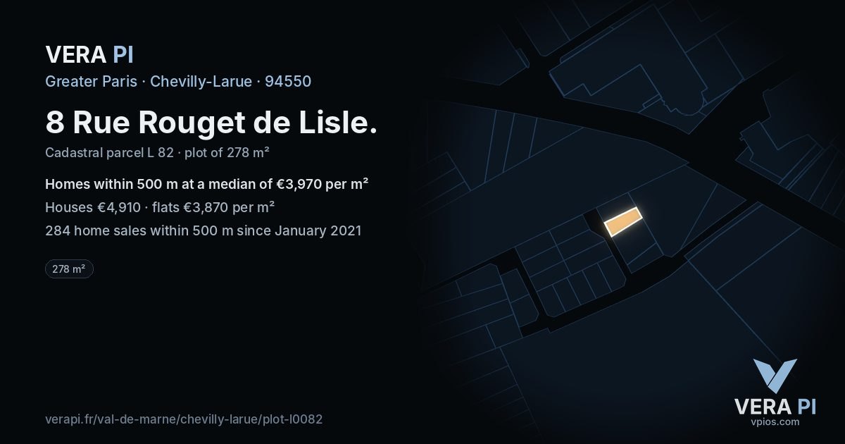 8 Rue Rouget de Lisle, Chevilly-Larue at night – the plot lit, the parcels around coloured by the prices near them