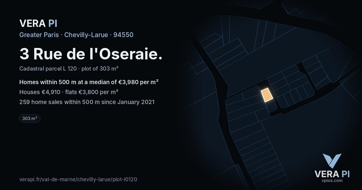 3 Rue de l'Oseraie, Chevilly-Larue at night – the plot lit, the parcels around coloured by the prices near them
