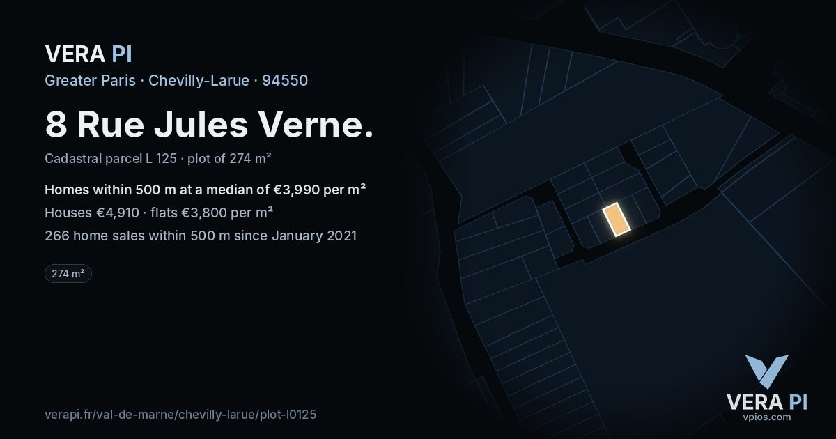 8 Rue Jules Verne, Chevilly-Larue at night – the plot lit, the parcels around coloured by the prices near them