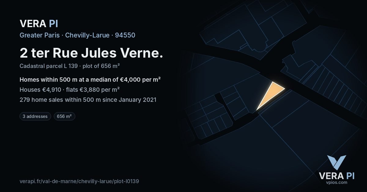 2 ter Rue Jules Verne, Chevilly-Larue at night – the plot lit, the parcels around coloured by the prices near them