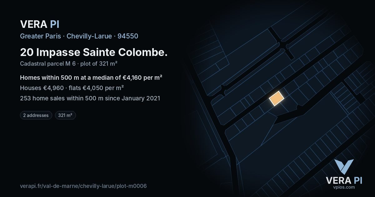 20 Impasse Sainte Colombe, Chevilly-Larue at night – the plot lit, the parcels around coloured by the prices near them