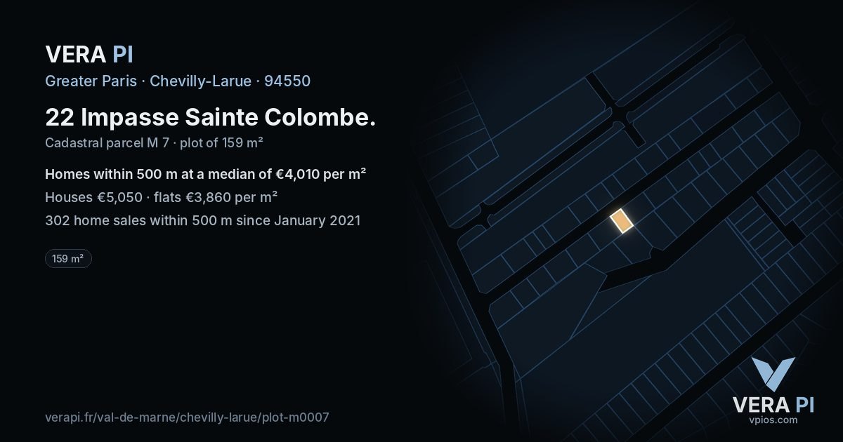 22 Impasse Sainte Colombe, Chevilly-Larue at night – the plot lit, the parcels around coloured by the prices near them