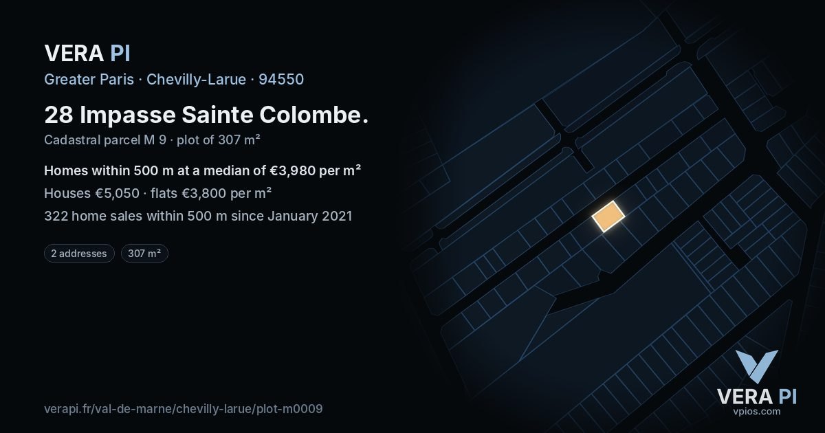 28 Impasse Sainte Colombe, Chevilly-Larue at night – the plot lit, the parcels around coloured by the prices near them