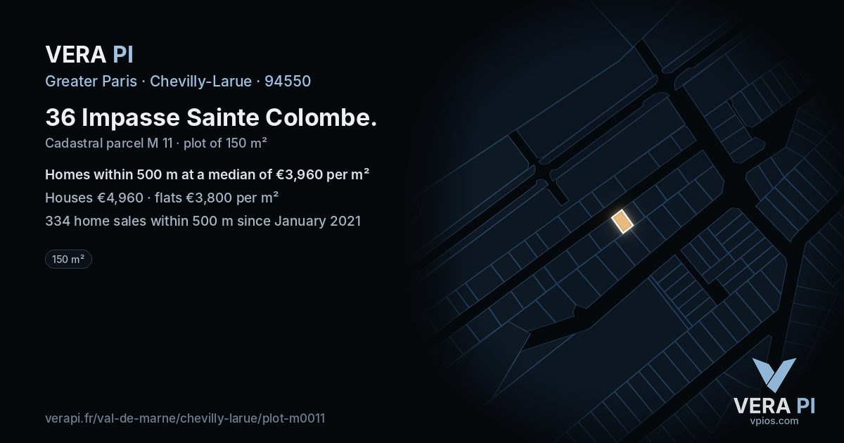 36 Impasse Sainte Colombe, Chevilly-Larue at night – the plot lit, the parcels around coloured by the prices near them