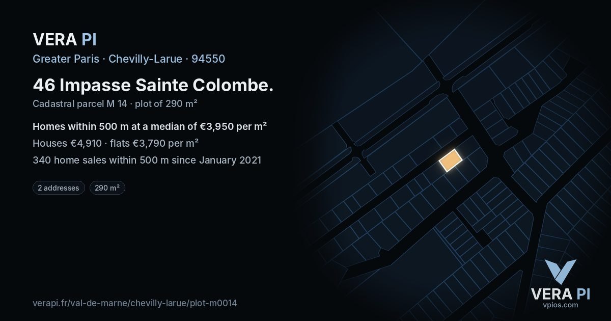 46 Impasse Sainte Colombe, Chevilly-Larue at night – the plot lit, the parcels around coloured by the prices near them