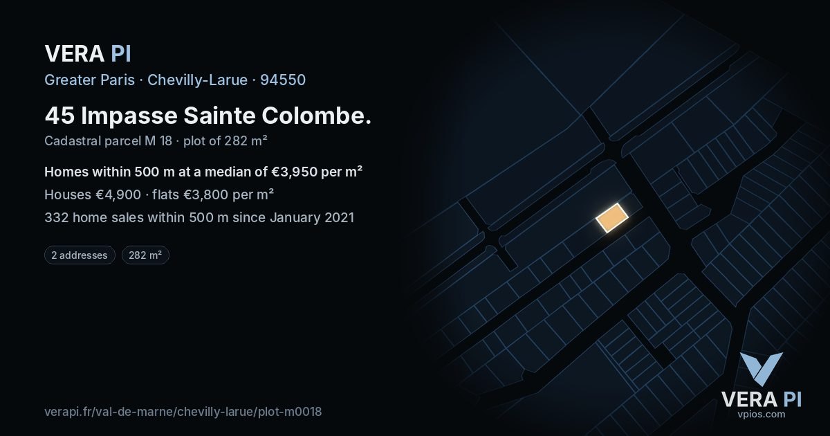 45 Impasse Sainte Colombe, Chevilly-Larue at night – the plot lit, the parcels around coloured by the prices near them