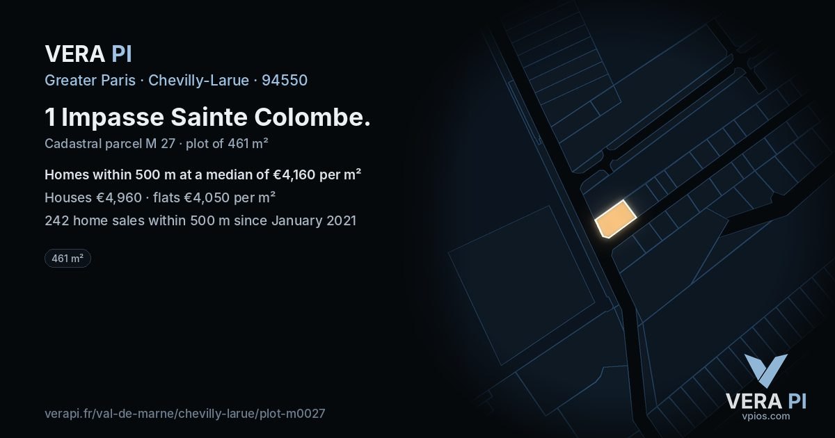 1 Impasse Sainte Colombe, Chevilly-Larue at night – the plot lit, the parcels around coloured by the prices near them