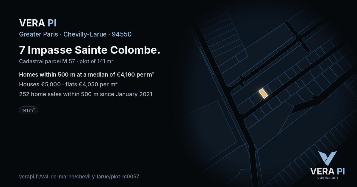 7 Impasse Sainte Colombe, Chevilly-Larue at night – the plot lit, the parcels around coloured by the prices near them
