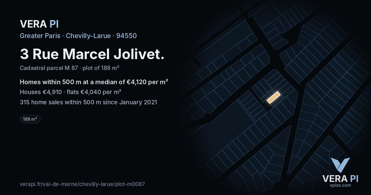 3 Rue Marcel Jolivet, Chevilly-Larue at night – the plot lit, the parcels around coloured by the prices near them