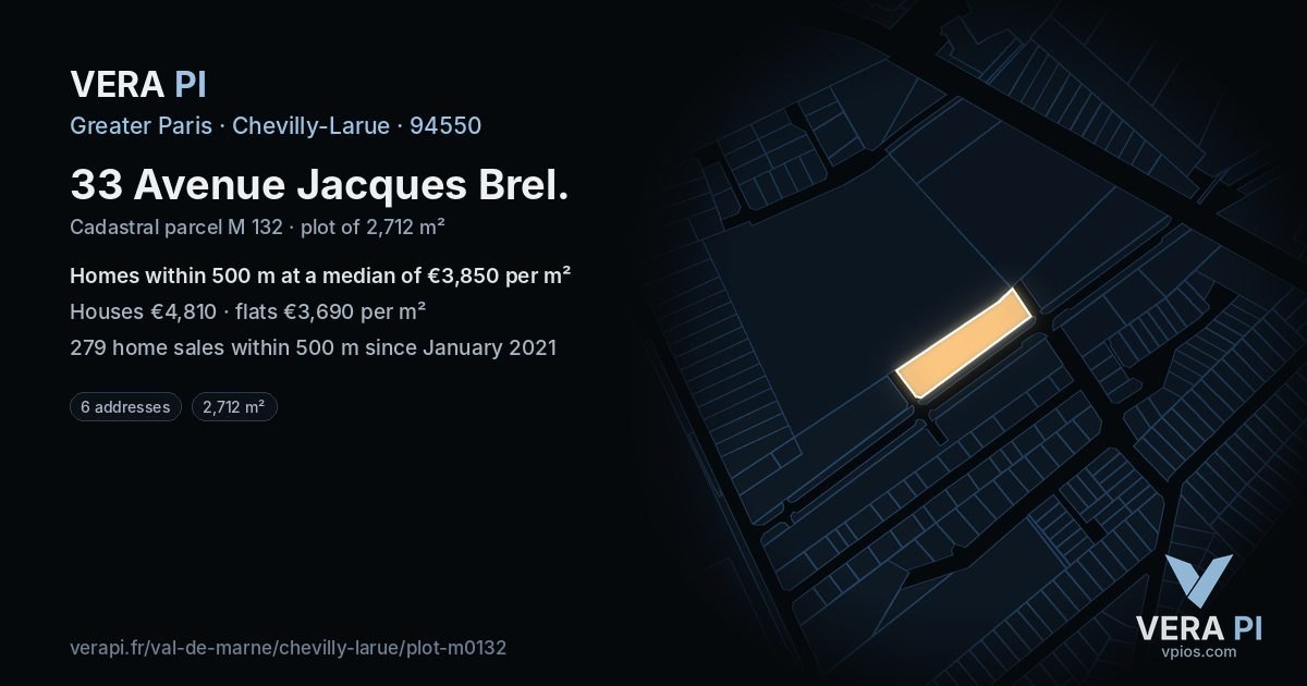 33 Avenue Jacques Brel, Chevilly-Larue at night – the plot lit, the parcels around coloured by the prices near them