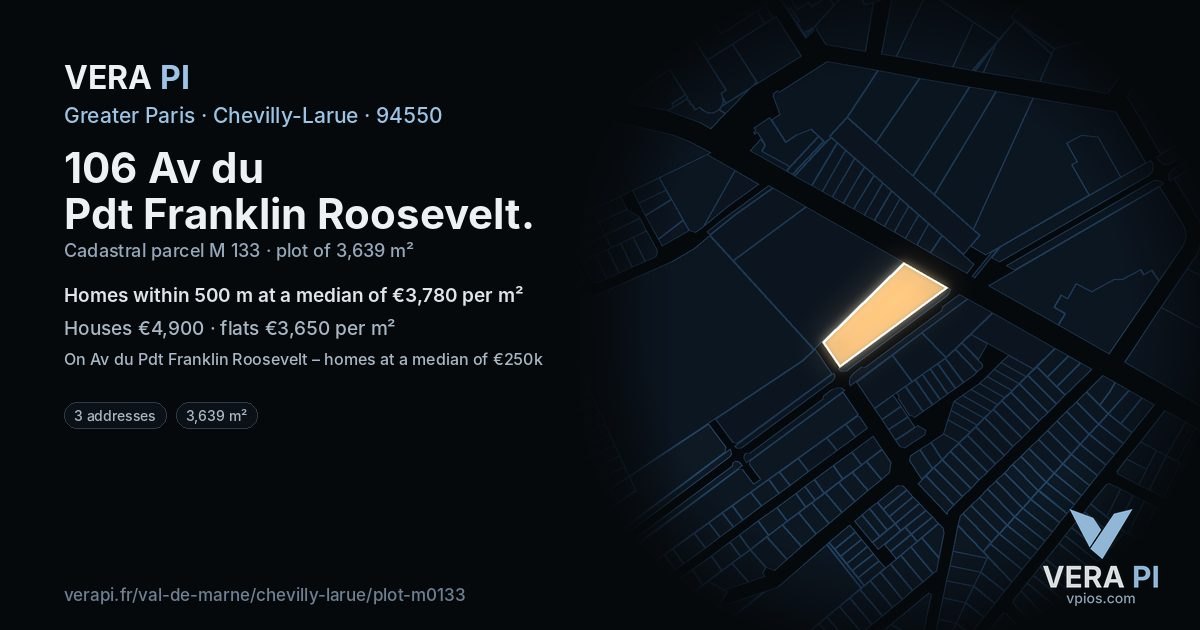 106 Av du Pdt Franklin Roosevelt, Chevilly-Larue at night – the plot lit, the parcels around coloured by the prices near them