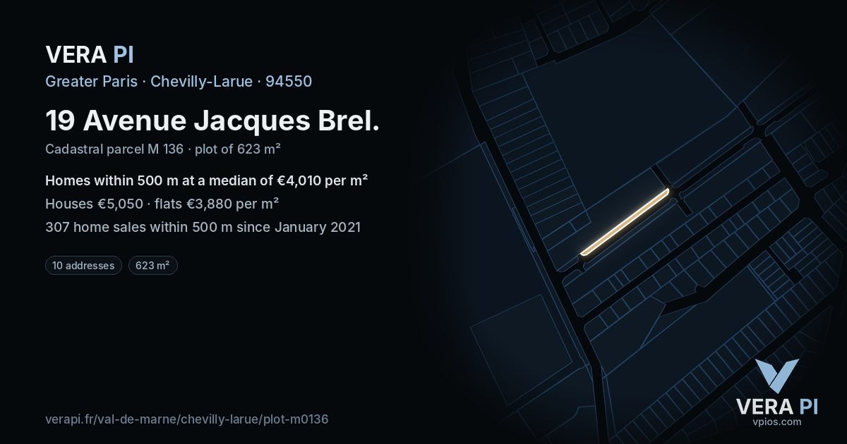 19 Avenue Jacques Brel, Chevilly-Larue at night – the plot lit, the parcels around coloured by the prices near them