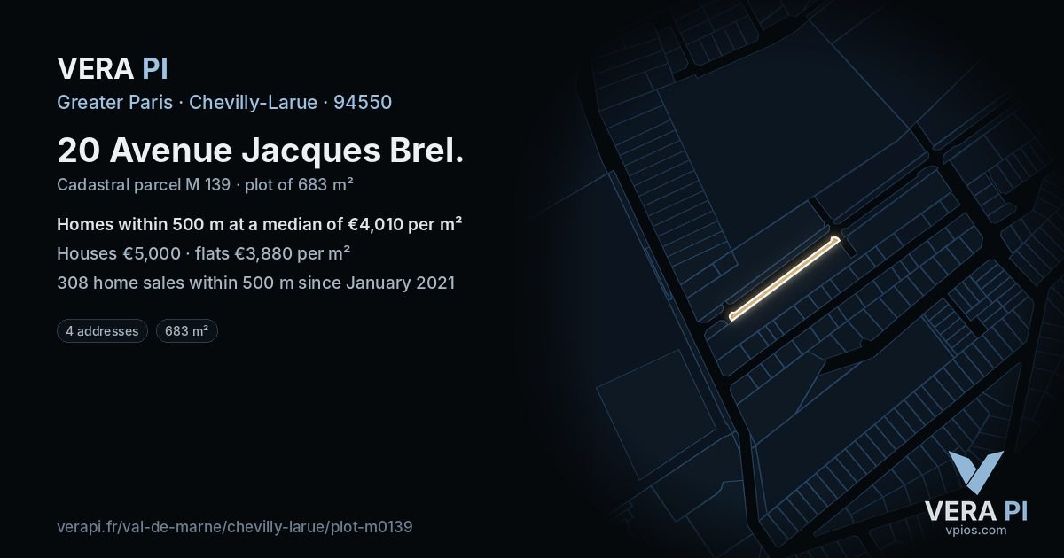 20 Avenue Jacques Brel, Chevilly-Larue at night – the plot lit, the parcels around coloured by the prices near them