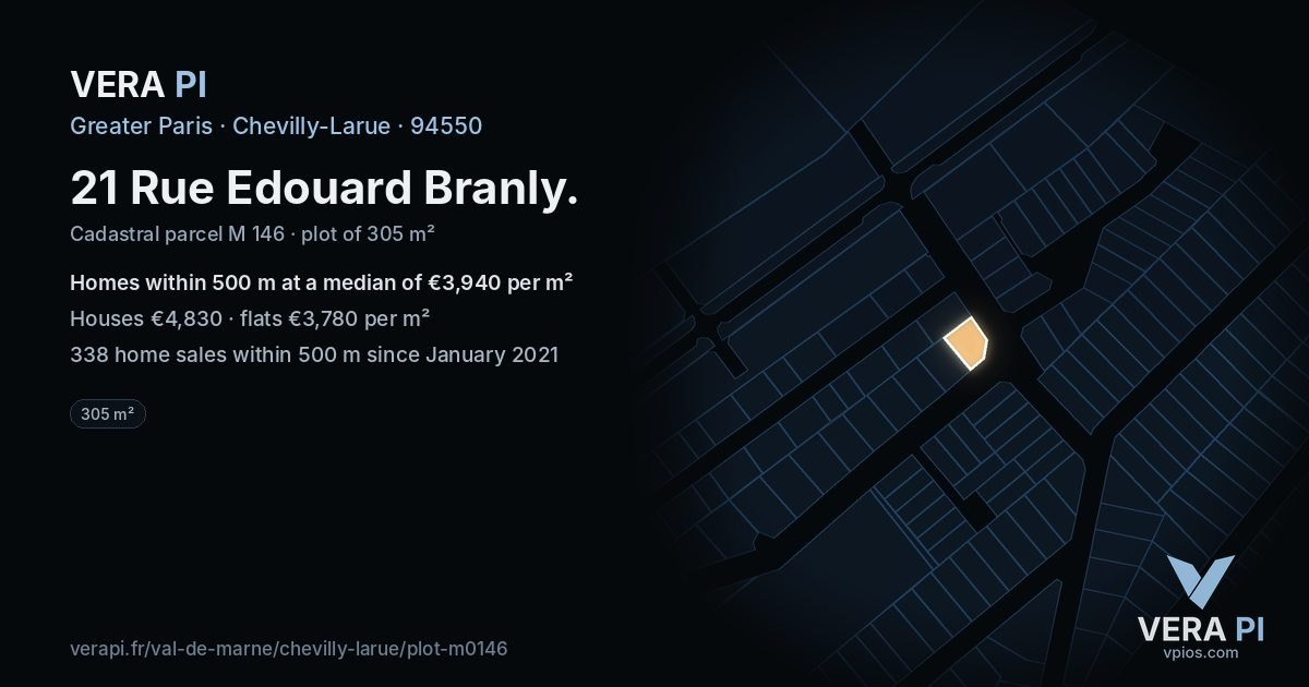 21 Rue Edouard Branly, Chevilly-Larue at night – the plot lit, the parcels around coloured by the prices near them