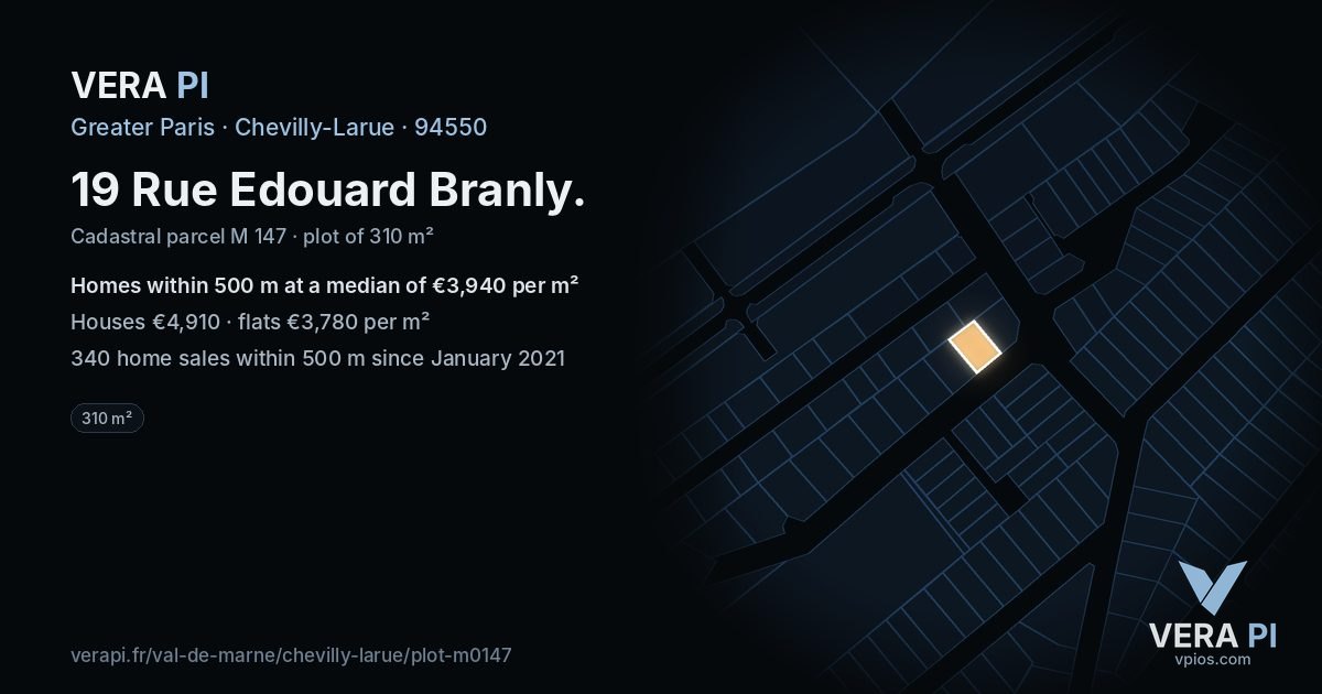 19 Rue Edouard Branly, Chevilly-Larue at night – the plot lit, the parcels around coloured by the prices near them