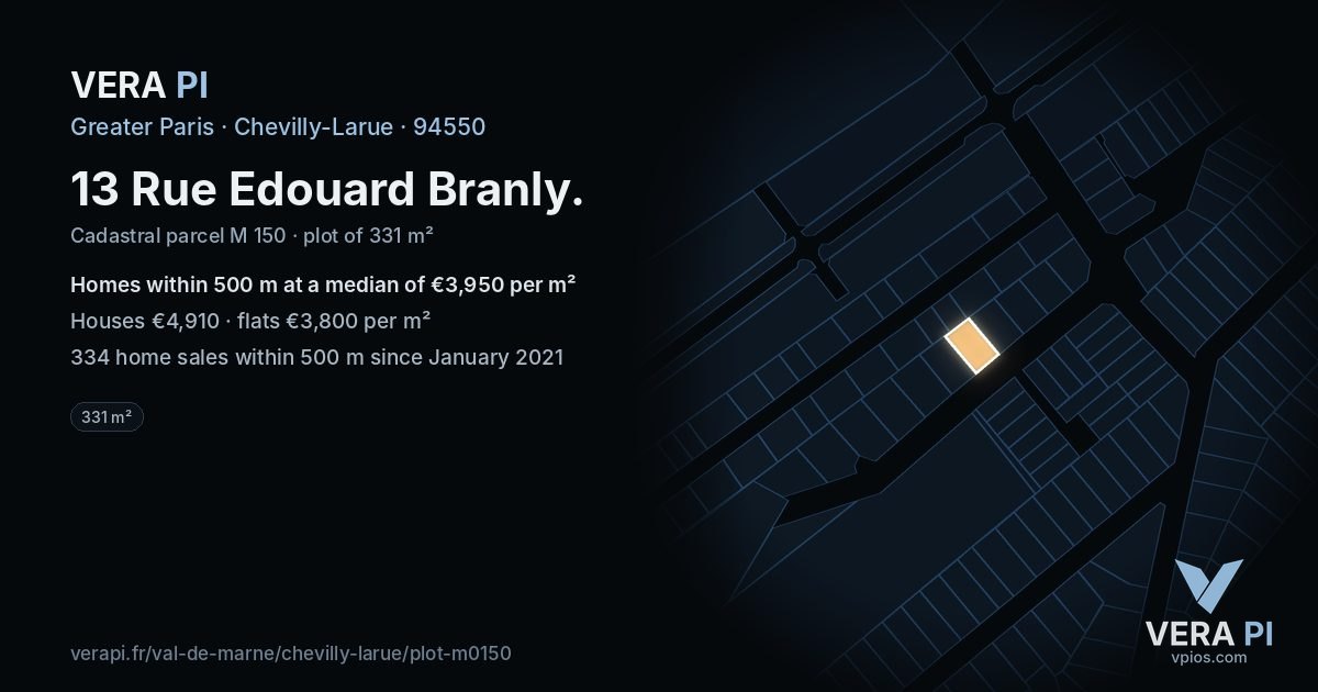 13 Rue Edouard Branly, Chevilly-Larue at night – the plot lit, the parcels around coloured by the prices near them