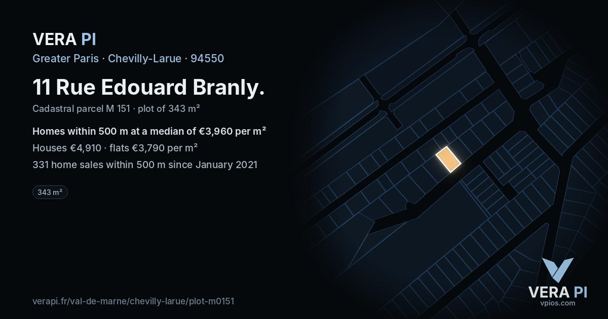 11 Rue Edouard Branly, Chevilly-Larue at night – the plot lit, the parcels around coloured by the prices near them