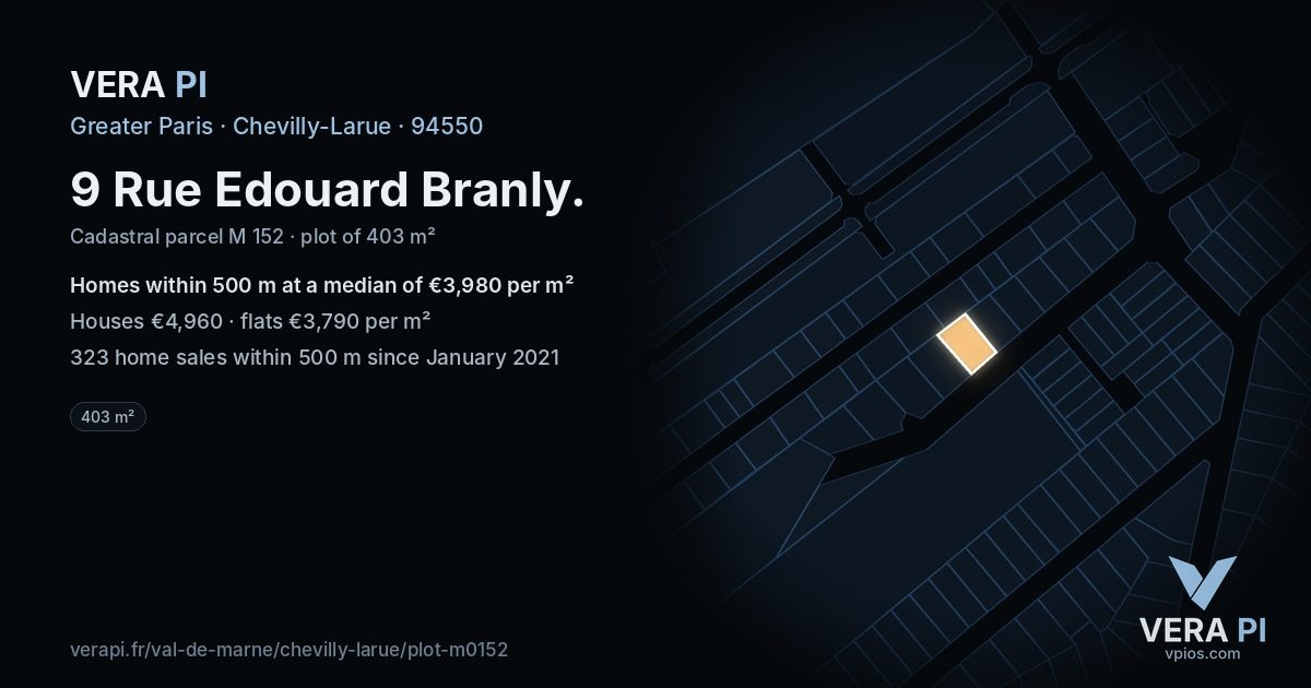9 Rue Edouard Branly, Chevilly-Larue at night – the plot lit, the parcels around coloured by the prices near them