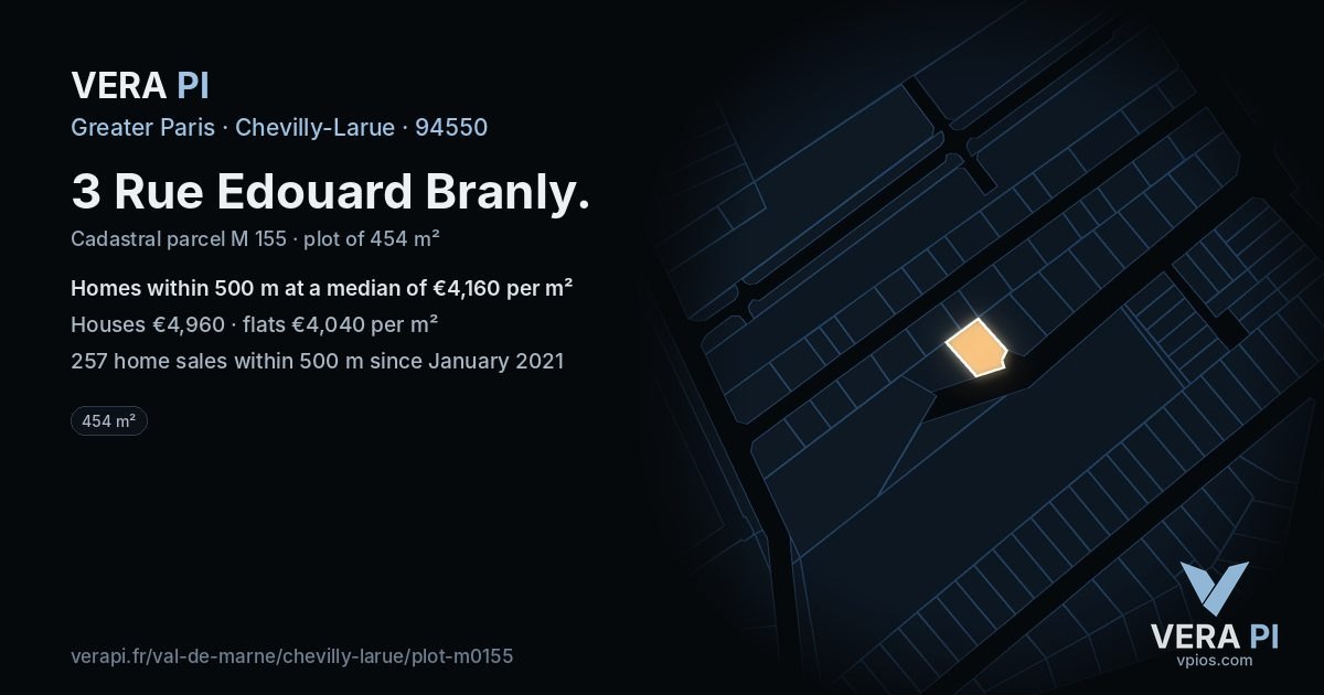 3 Rue Edouard Branly, Chevilly-Larue at night – the plot lit, the parcels around coloured by the prices near them