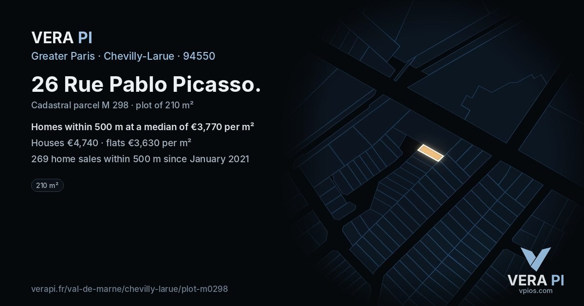 26 Rue Pablo Picasso, Chevilly-Larue at night – the plot lit, the parcels around coloured by the prices near them