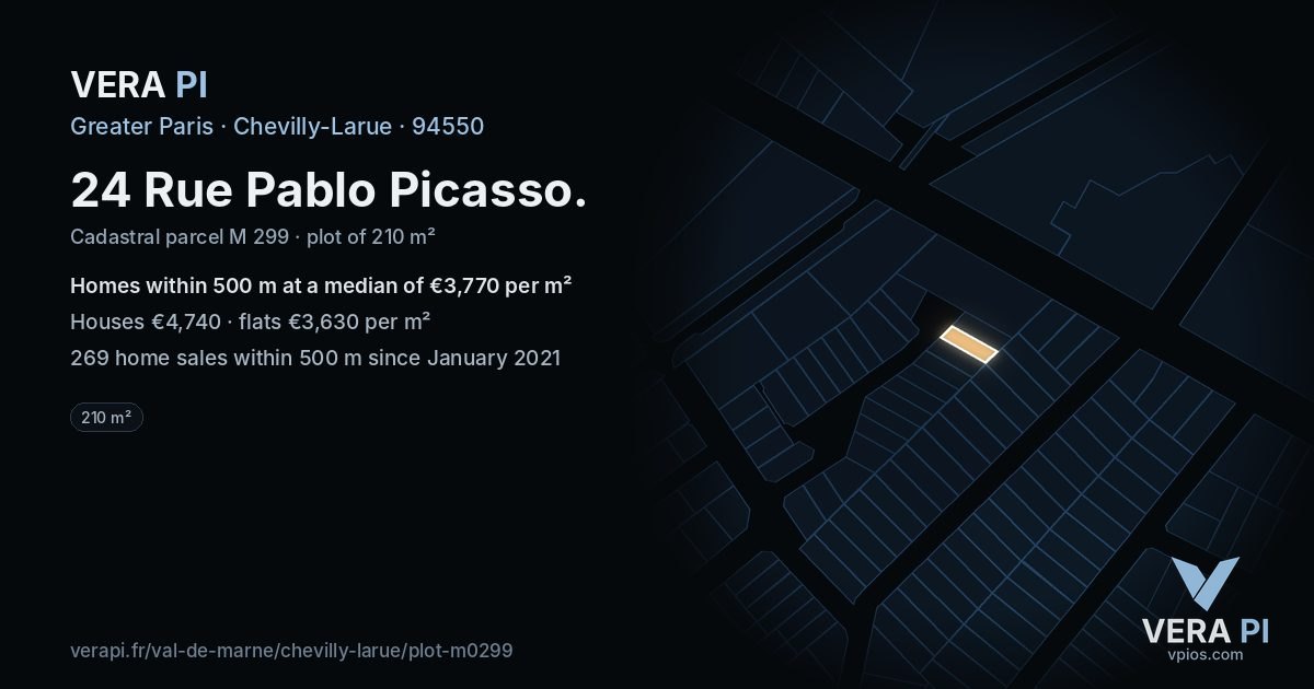 24 Rue Pablo Picasso, Chevilly-Larue at night – the plot lit, the parcels around coloured by the prices near them