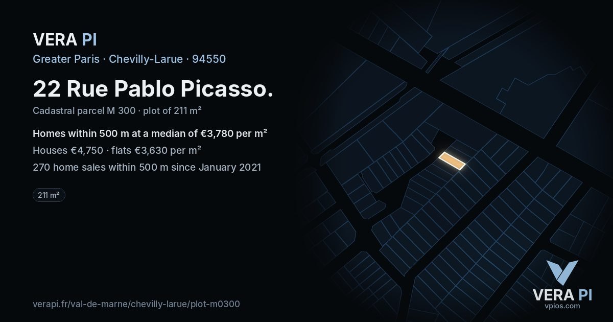 22 Rue Pablo Picasso, Chevilly-Larue at night – the plot lit, the parcels around coloured by the prices near them