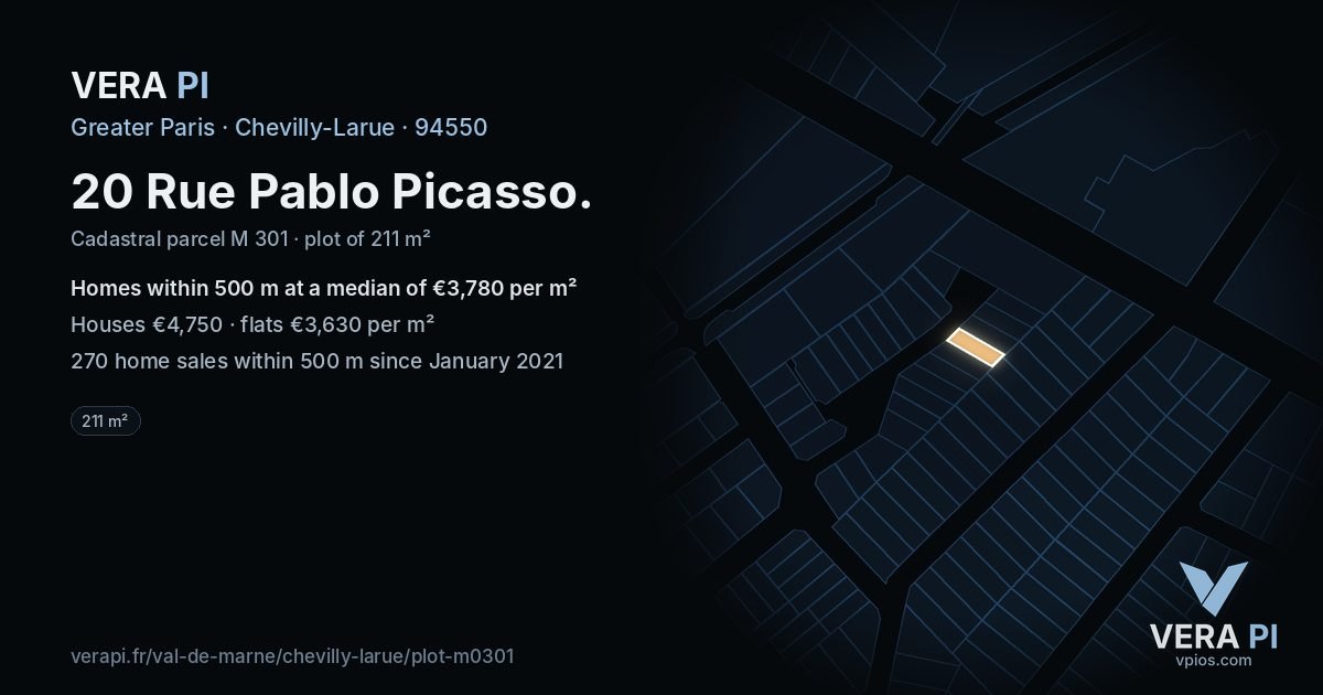 20 Rue Pablo Picasso, Chevilly-Larue at night – the plot lit, the parcels around coloured by the prices near them