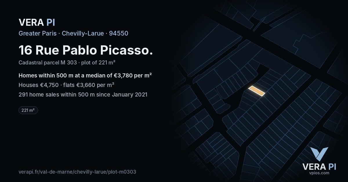 16 Rue Pablo Picasso, Chevilly-Larue at night – the plot lit, the parcels around coloured by the prices near them