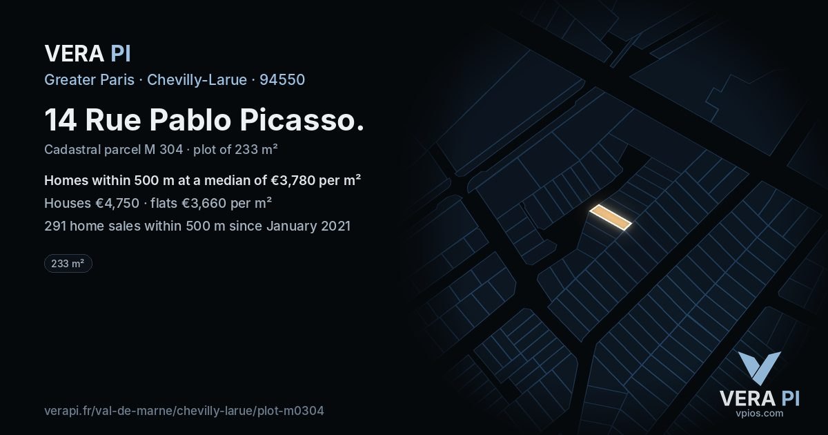 14 Rue Pablo Picasso, Chevilly-Larue at night – the plot lit, the parcels around coloured by the prices near them