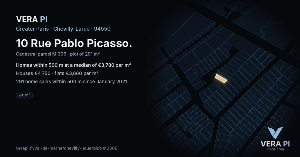 10 Rue Pablo Picasso, Chevilly-Larue at night – the plot lit, the parcels around coloured by the prices near them