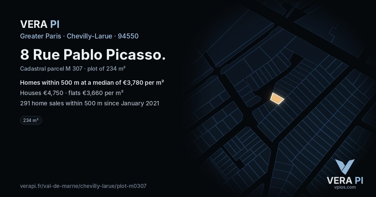 8 Rue Pablo Picasso, Chevilly-Larue at night – the plot lit, the parcels around coloured by the prices near them