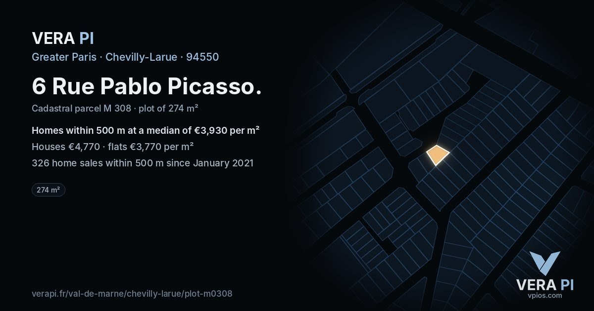 6 Rue Pablo Picasso, Chevilly-Larue at night – the plot lit, the parcels around coloured by the prices near them