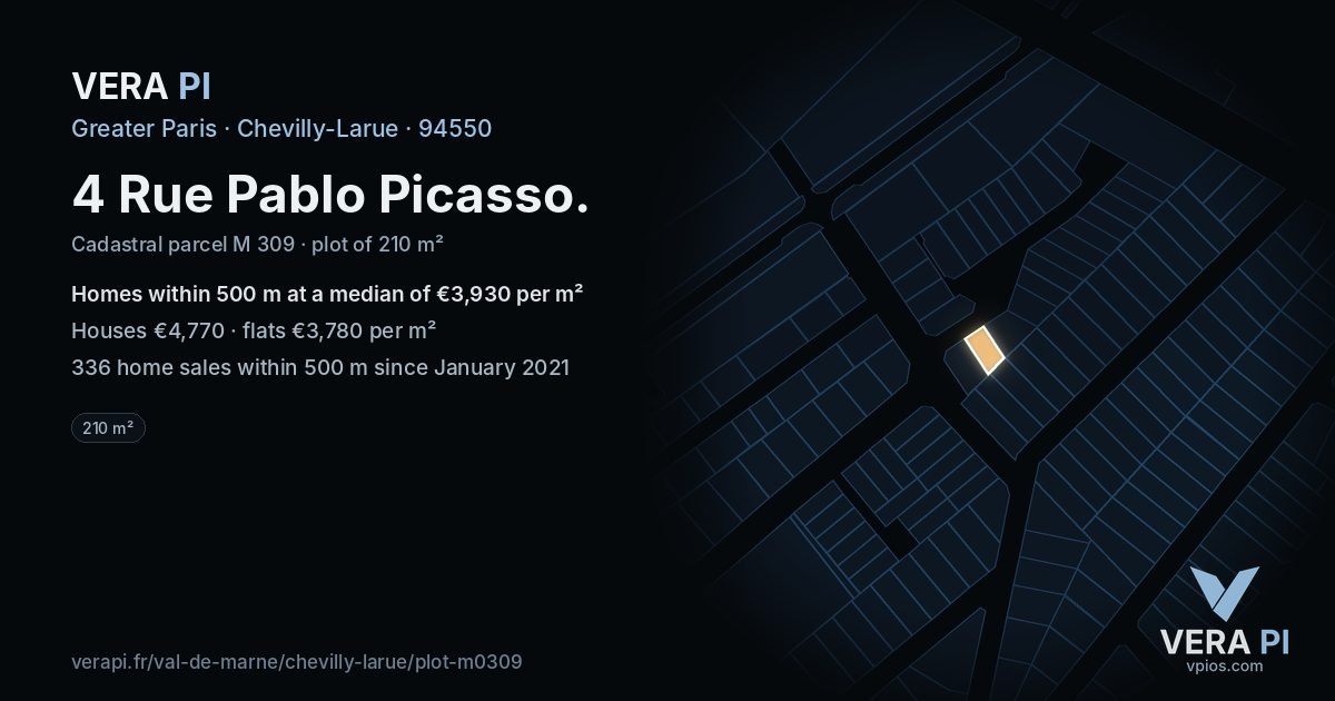 4 Rue Pablo Picasso, Chevilly-Larue at night – the plot lit, the parcels around coloured by the prices near them