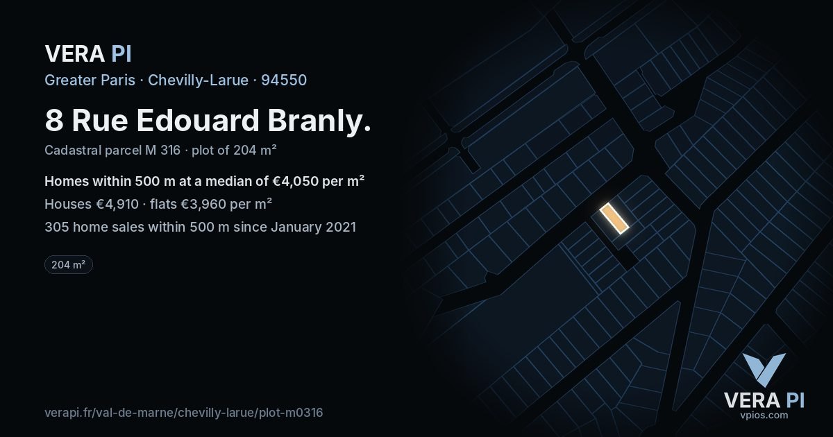 8 Rue Edouard Branly, Chevilly-Larue at night – the plot lit, the parcels around coloured by the prices near them